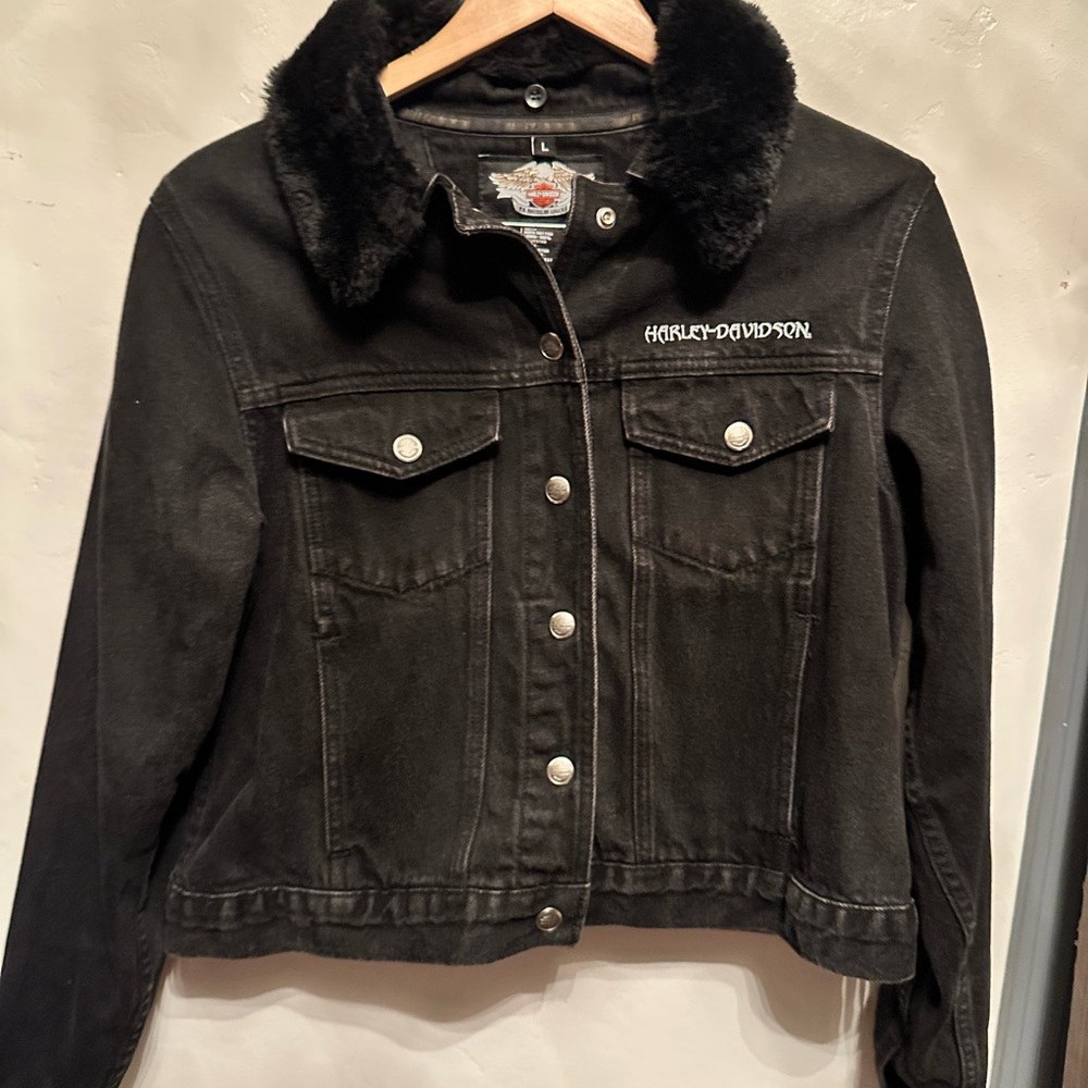 Harley-Davidson Women's Black Jean Jacket with Faux Fur Collar